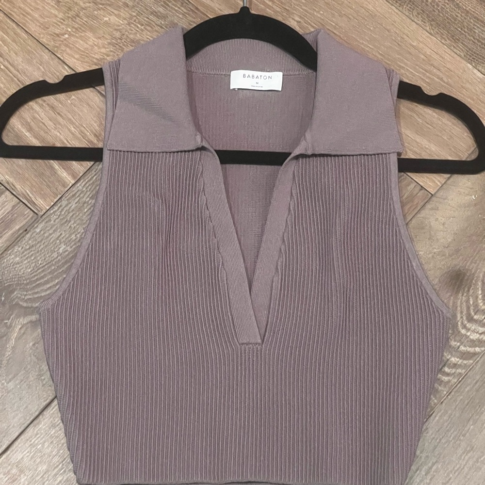 Nili Lotan Purple Ribbed V-Neck Tank Top